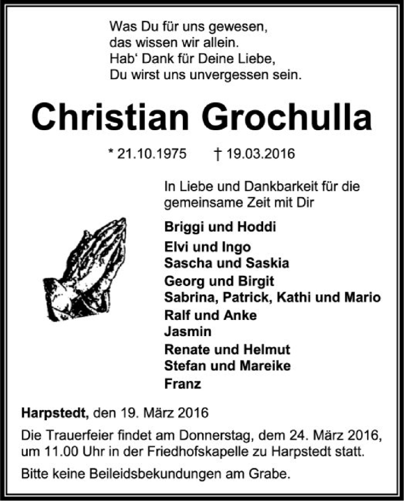  Traueranzeige für Christian Grochulla vom 21.03.2016 aus SYK