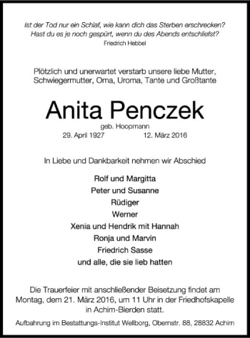 Traueranzeige von Anita Penczek von SYK