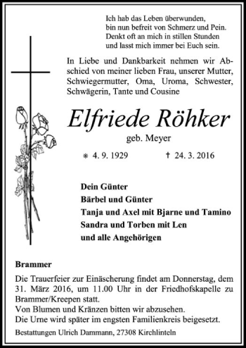 Traueranzeige von Elfriede Röhker von SYK