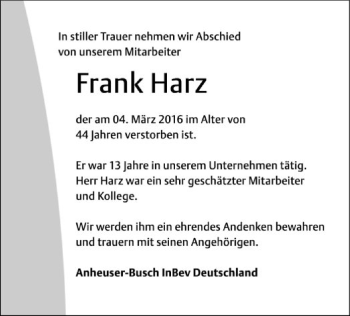 Traueranzeige von Frank Harz von SYK