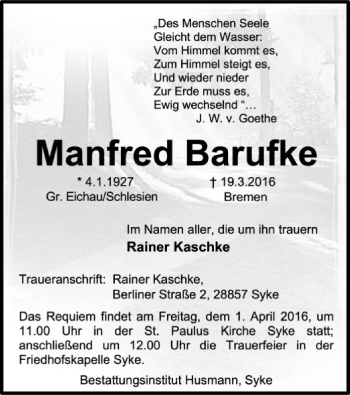 Traueranzeige von Manfred Baruvke von SYK