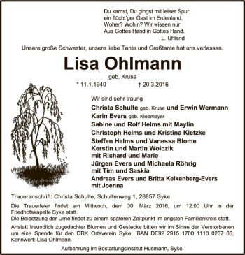 Traueranzeige von Lisa Ohlmann