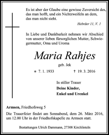 Traueranzeige von Maria Rahjes von SYK