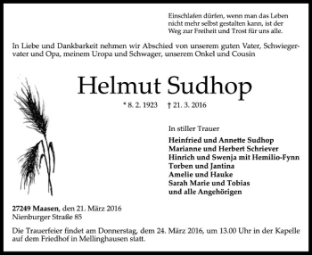 Traueranzeige von Helmut Sudhop von SYK