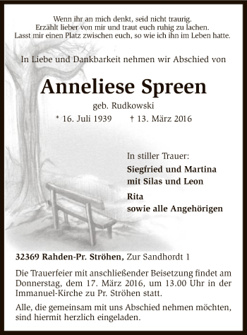 Traueranzeige von Anneliese Spreen von SYK