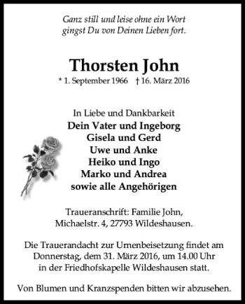 Traueranzeige von Thorsten John von SYK