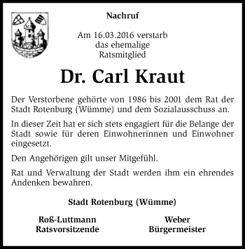 Traueranzeige von Carl Kraut von SYK