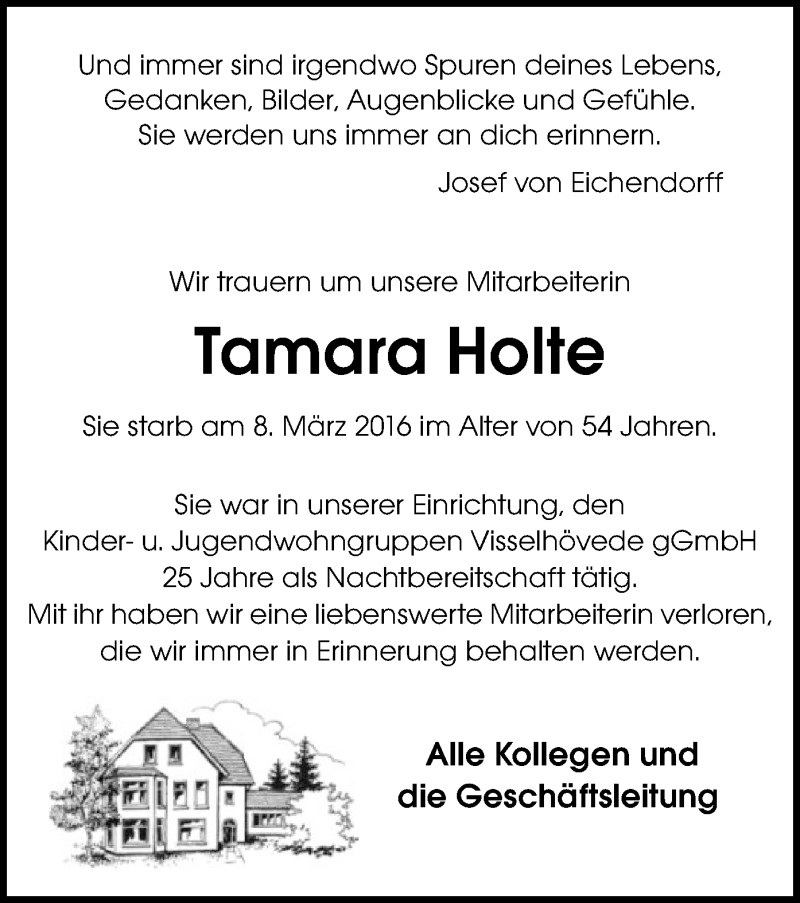  Traueranzeige für Tamara Holte vom 16.03.2016 aus SYK