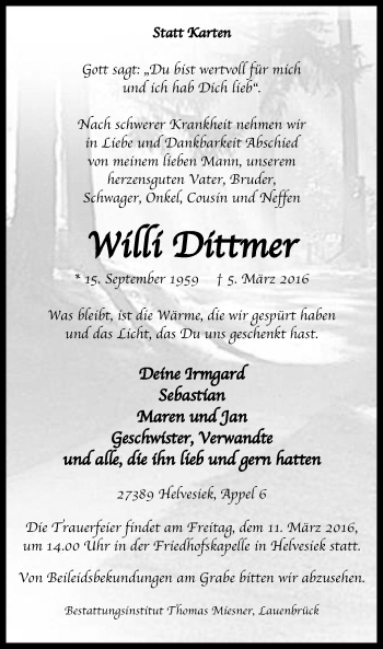 Traueranzeige von Willi Dittmer von SYK