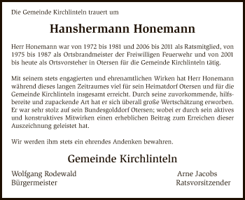 Traueranzeige von Hanshermann Honemann von SYK