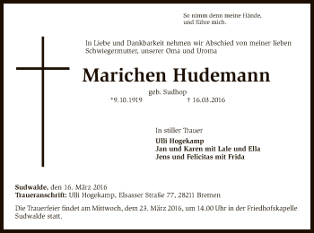 Traueranzeige von Marichen Hudemann von SYK