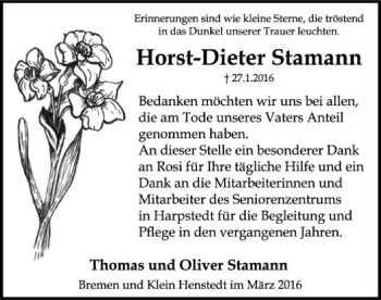 Traueranzeige von Horst-Dieter Stamann von SYK