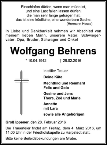 Traueranzeige von Wolfgang Behrens von SYK