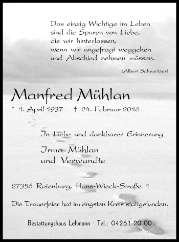 Traueranzeige von Manfred Mühlan von SYK