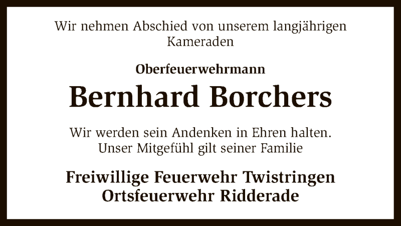  Traueranzeige für Bernhard Borchers vom 31.03.2016 aus SYK