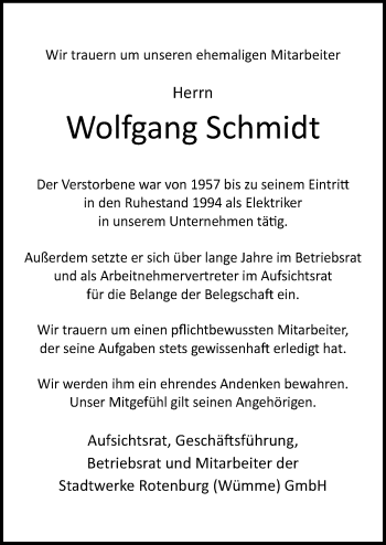 Traueranzeige von Wolfgang Schmidt von SYK