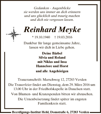 Traueranzeige von Reinhard Meyke von SYK