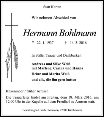 Traueranzeige von Hermann Bohlmann von SYK