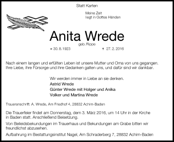 Traueranzeige von Anita Wrede von SYK