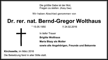 Traueranzeige von Bernd-Gregor Wolthaus von SYK