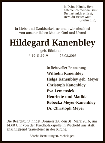 Traueranzeige von Hildegard Kanenbley von SYK