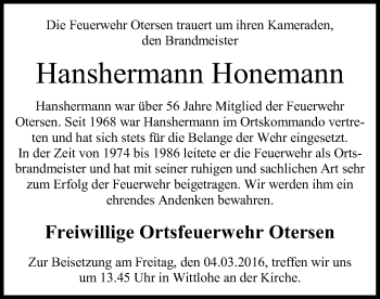 Traueranzeige von Hanshermann Honemann von SYK