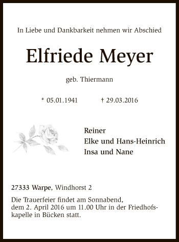 Traueranzeige von Elfriede Meyer von SYK