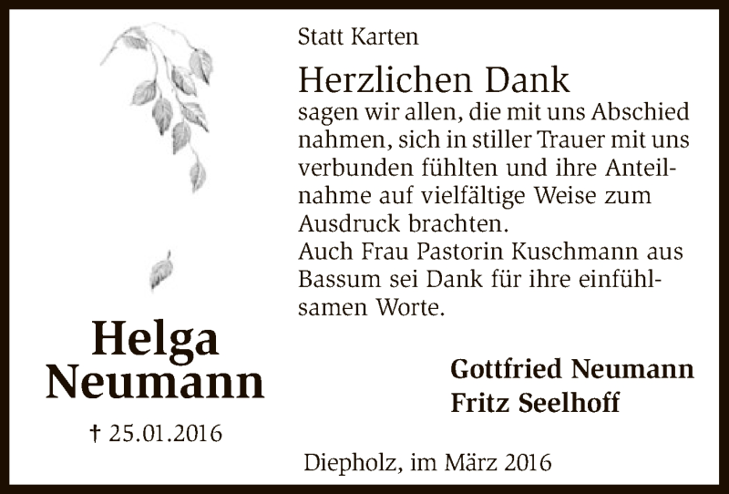  Traueranzeige für Helga Neumann vom 12.03.2016 aus SYK