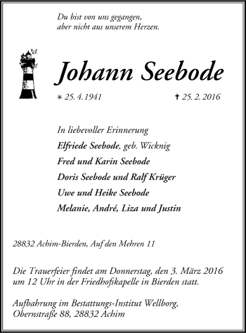 Traueranzeige von Johann Seebode von SYK