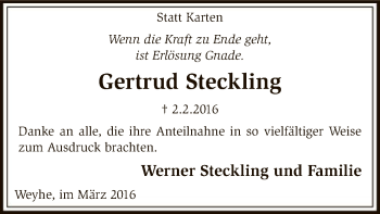 Traueranzeige von Gertrud Steckling von SYK