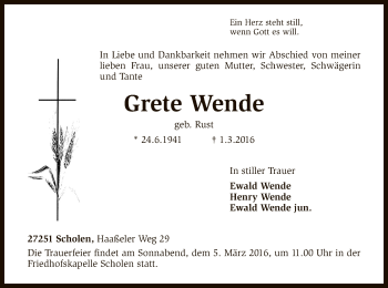 Traueranzeige von Grete Wende von SYK