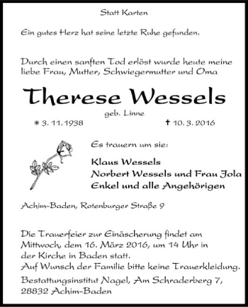 Traueranzeige von Therese Wessels von SYK