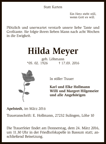 Traueranzeige von Hilda Meyer von SYK