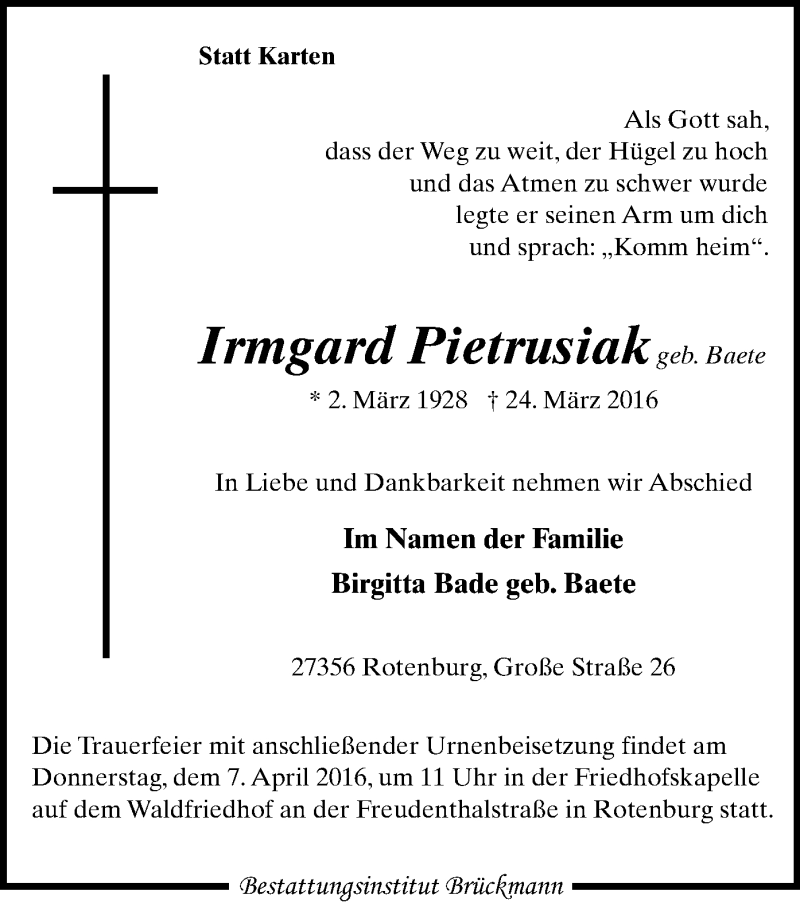  Traueranzeige für Irmgard Pietrusiak vom 30.03.2016 aus SYK