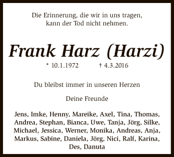 Traueranzeige von Frank Harz von SYK