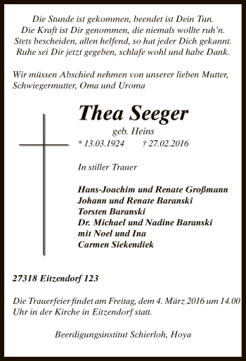 Traueranzeige von Thea Seeger von SYK