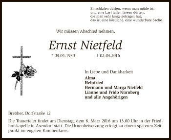 Traueranzeige von Ernst Nietfeld von SYK