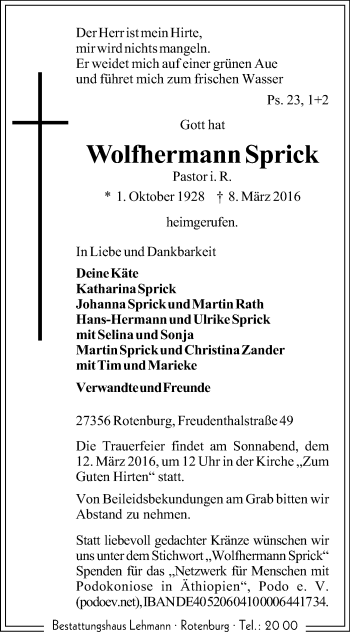 Traueranzeige von Wolfhermann Sprick von SYK