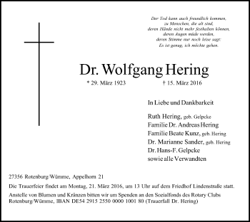 Traueranzeige von Wolfgang Hering von SYK