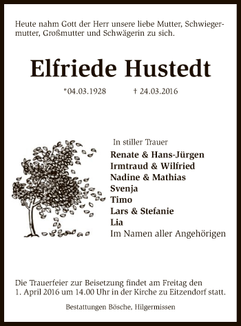 Traueranzeige von Elfriede Hustedt von SYK