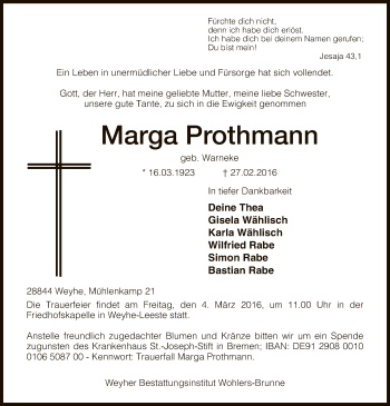 Traueranzeige von Marga Prothmann von SYK