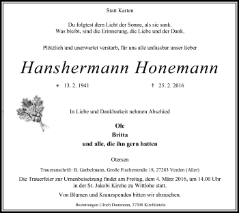 Traueranzeige von Hanshermann Honemann von SYK