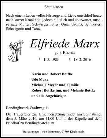 Traueranzeige von Elfriede Marx von SYK