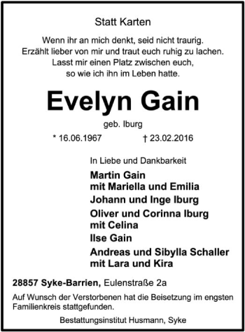 Traueranzeige von Evelyn Gain von SYK