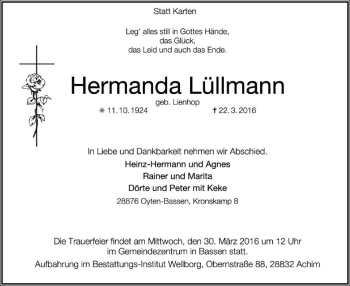 Traueranzeige von Hermanda Lüllmann von SYK