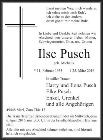 Traueranzeige von Ilse Pusch von SYK