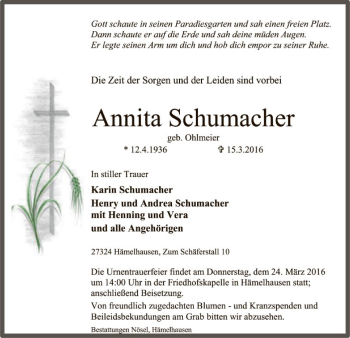 Traueranzeige von Annita Schumacher von SYK