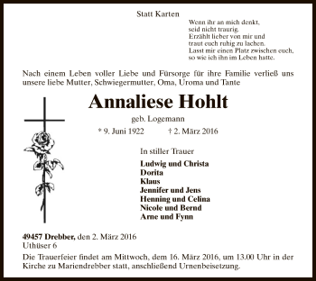 Traueranzeige von Annaliese Hohlt von SYK