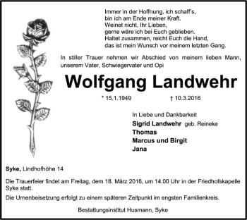 Traueranzeige von Wolfgang Landwehr von SYK