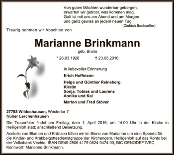 Traueranzeige von Marianne Brinkmann von SYK